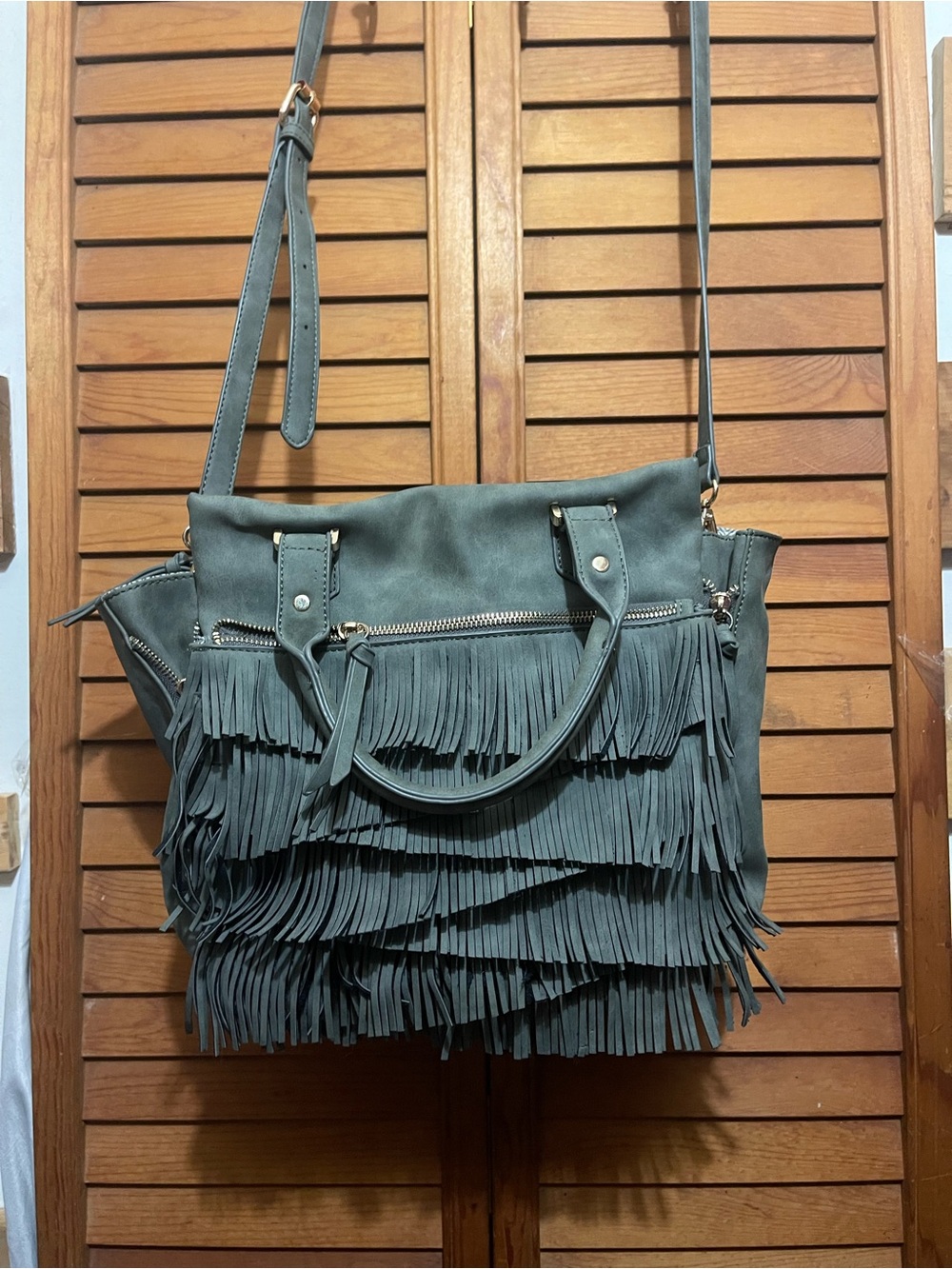 Fringe Tote Shoulder Bag in Slate Gray - Stylish Women’s Handbag